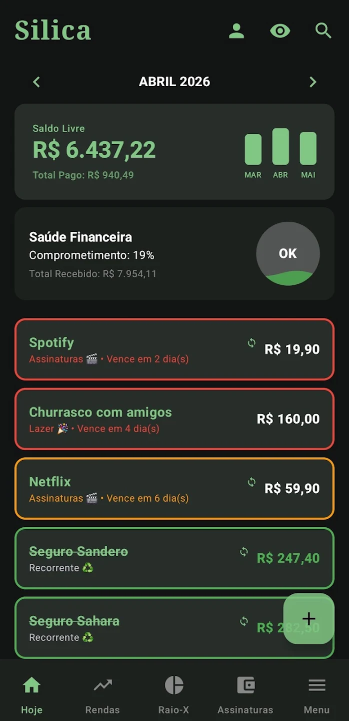 Saúde financeira e contas com cores no Silica